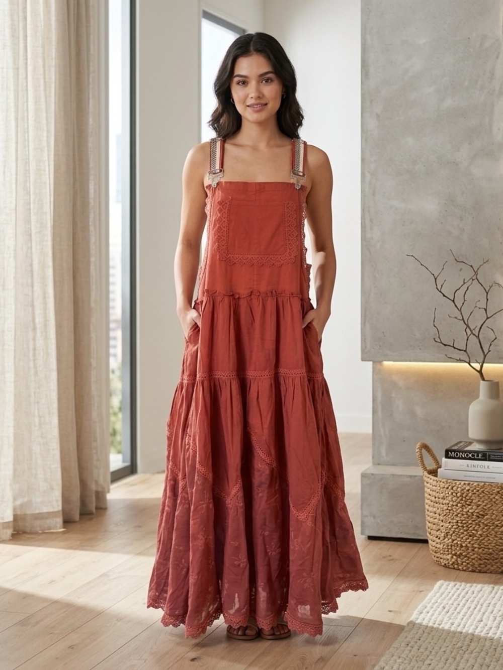 Embroidered Tiered Maxi Dress in Terracotta
